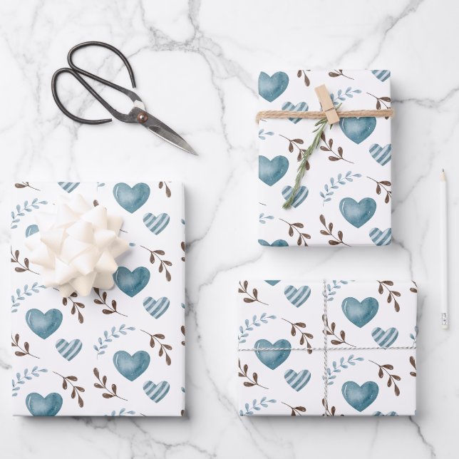 Blaues Herz-Wrapping Papier Flachblatt Set 3 (Vorderseite)