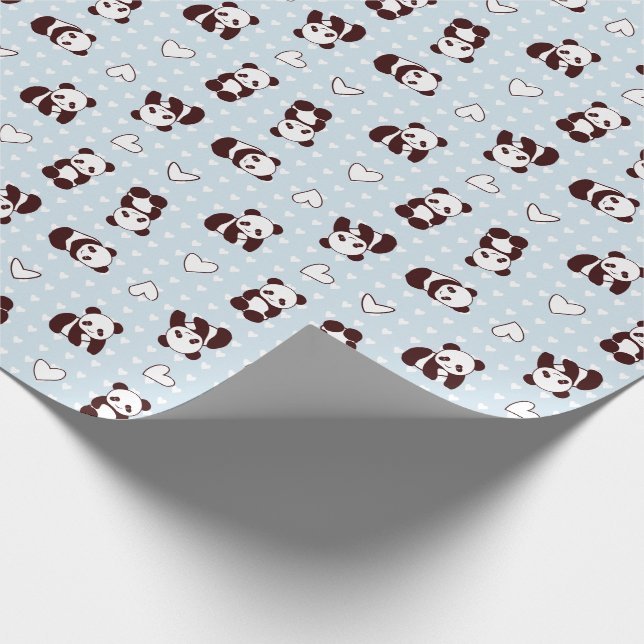 Blaues Herzpanda gemustertes Packpapier (Ecke)