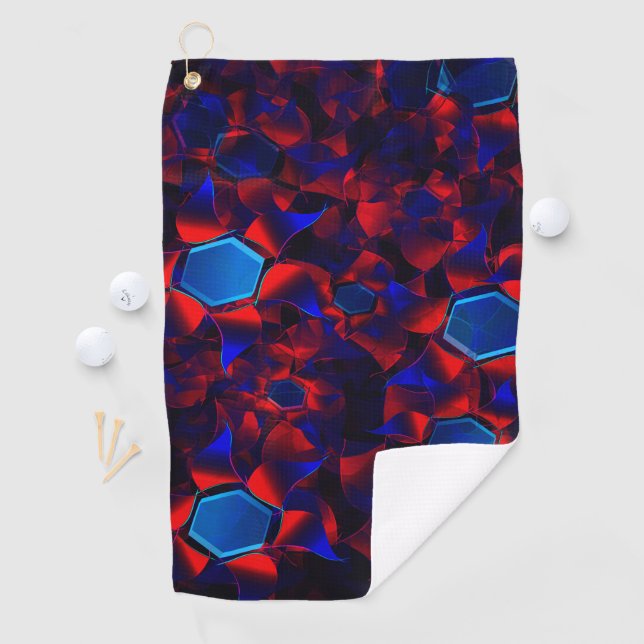 Blaues Hexagon gemischt mit überlappenden roten Ku Golfhandtuch (Insitu)