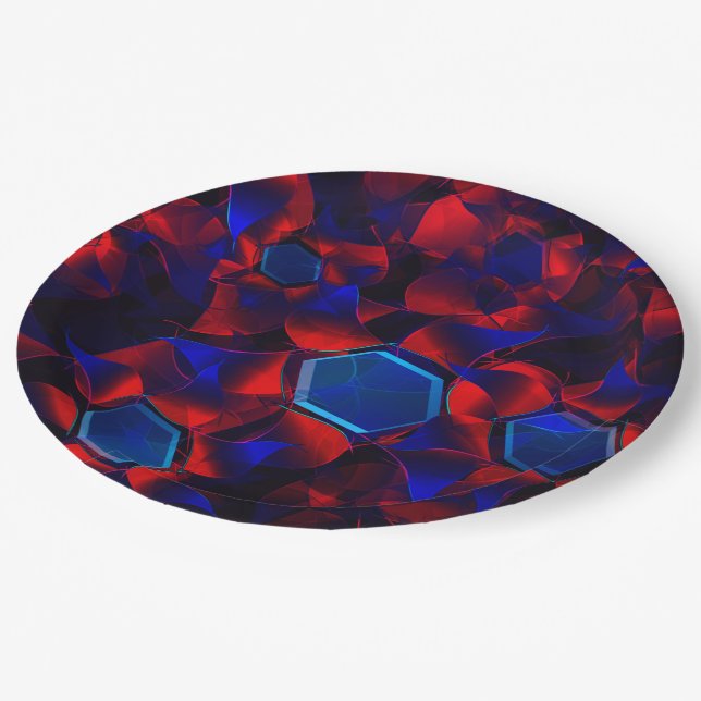 Blaues Hexagon gemischt mit überlappenden roten Ku Pappteller (Schrägansicht)