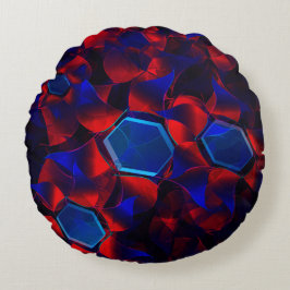 Blaues Hexagon gemischt mit überlappenden roten Ku Rundes Kissen