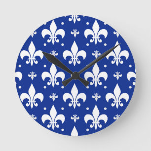 Blaues Hintergrund Fleur-de-lis-Muster Runde Wanduhr