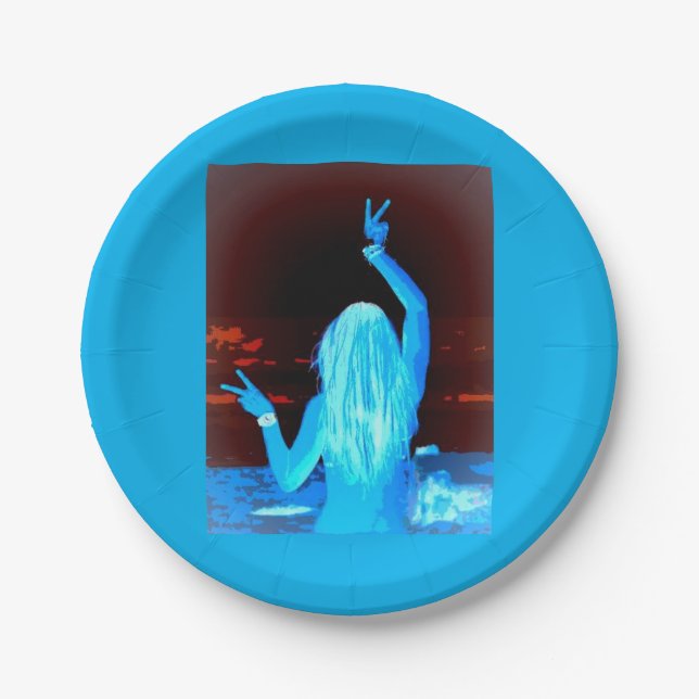Blaues Hippie-Girl-Friedenszeichen Pappteller (Vorderseite)