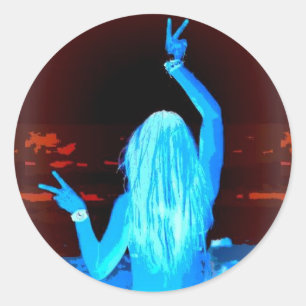Blaues Hippie-Girl-Friedenszeichen Runder Aufkleber