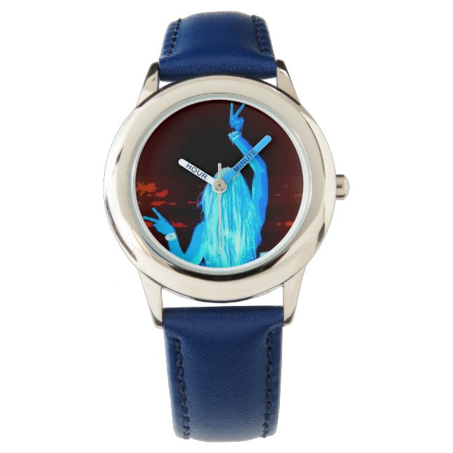 Blaues Hippie-Mädchen schwänzt Friedenszeichen Armbanduhr (Vorderseite)