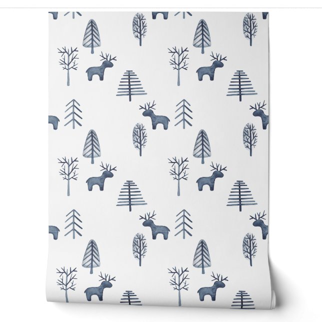 Blaues Hirsch und Weihnachtsbaummuster Wallpaper Tapete (Abrollen)