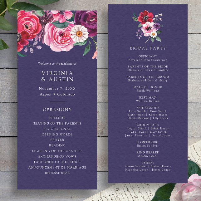 Blaues Hochzeitsprogramm mit Blumenmuster Programm (Watercolor Floral Navy Blue Wedding Program by Painted Paperie
)