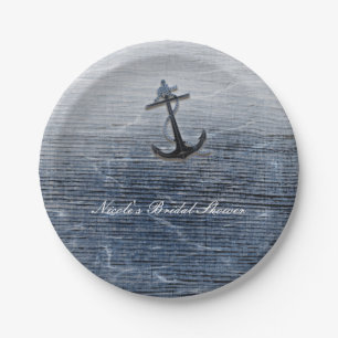 Blaues Holz Elegantes Nautisches Meer Strand Party Pappteller