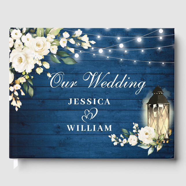 Blaues Holz und blütige Rose Rustikale Hochzeit Gästebuch (Vorderseite)