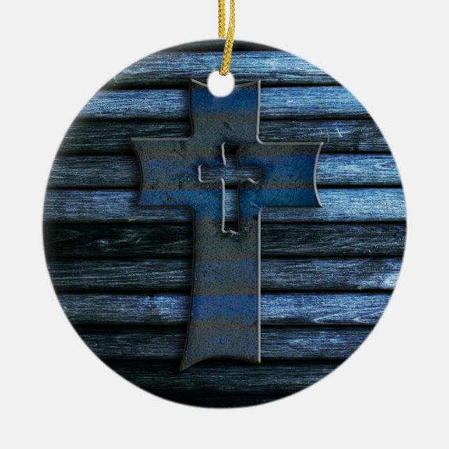 Blaues hölzernes Kreuz Keramik Ornament (Vorne)