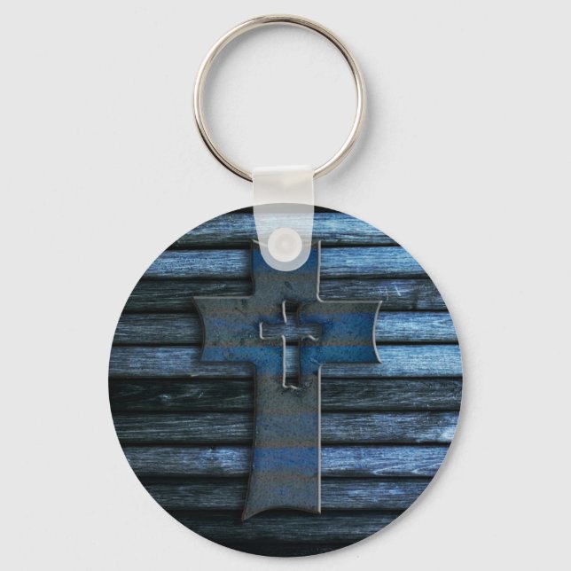 Blaues Holzkreuz Schlüsselanhänger (Vorderseite)
