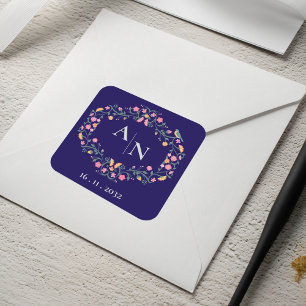 Blaues Hübsches Monogramm Niedliche Blumenzähne Quadratischer Aufkleber