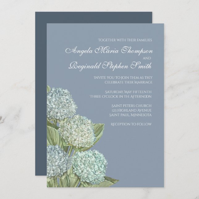 Blaues Hydrangea/dusty Blue Back Wedding Einladung (Vorne/Hinten)
