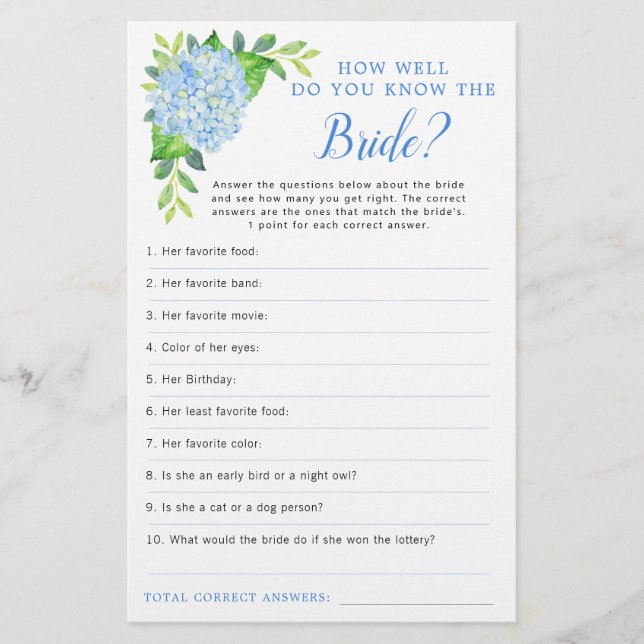 Blaues Hydrangea Geometric Brautparty Game (Vorderseite)