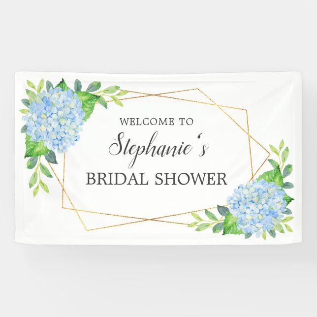 Blaues Hydrangea Geometrisches Brautparty Banner (Horizontal)
