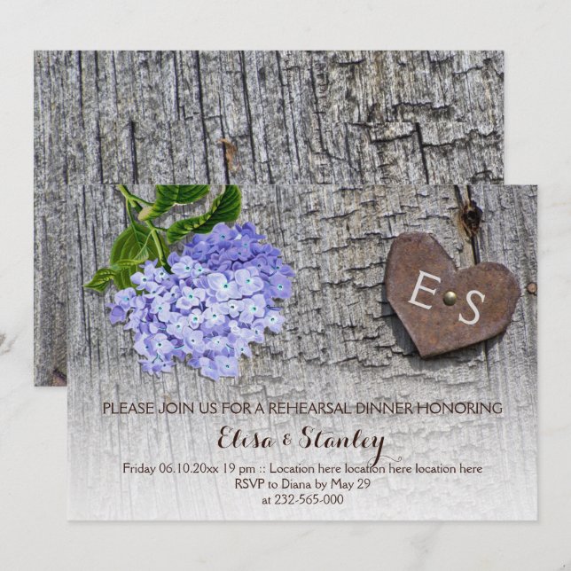 Blaues Hydrangea-Holz Probe Abendessen Hochzeit Einladung (Vorne/Hinten)