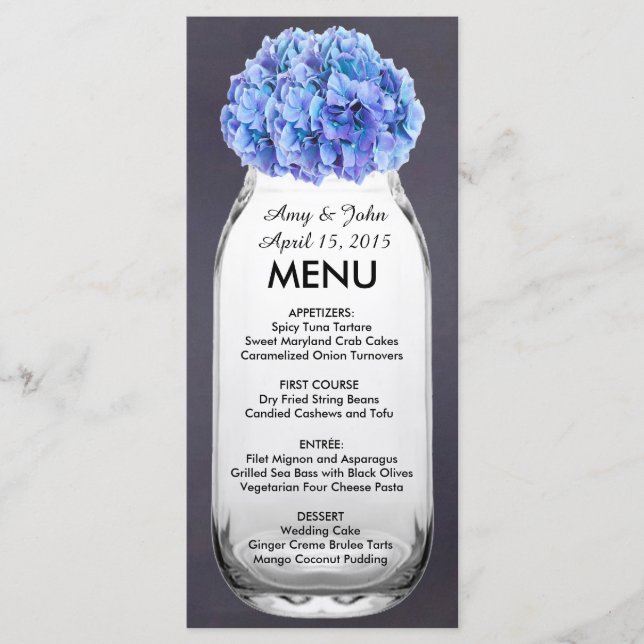 Blaues Hydrangea Masson Glas Hochzeitsmenü Hydrang Menükarte (Vorderseite)
