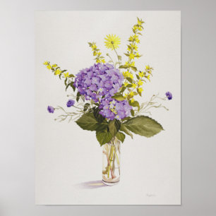 Blaues Hydrangea mit gelber Loosestrife Poster