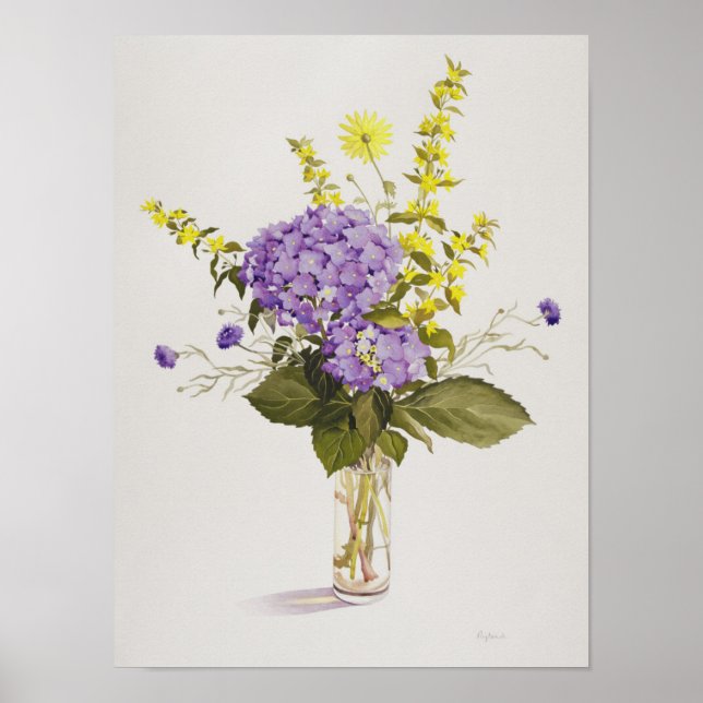 Blaues Hydrangea mit gelber Loosestrife Poster (Vorne)