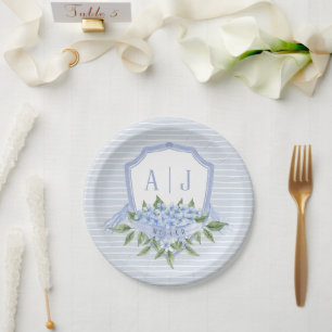 Blaues Hydrangea Monogramm Wappen mit Streifen Pappteller