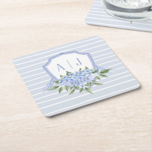Blaues Hydrangea Monogramm Wappen mit Streifen Rechteckiger Pappuntersetzer (angewinkelt)