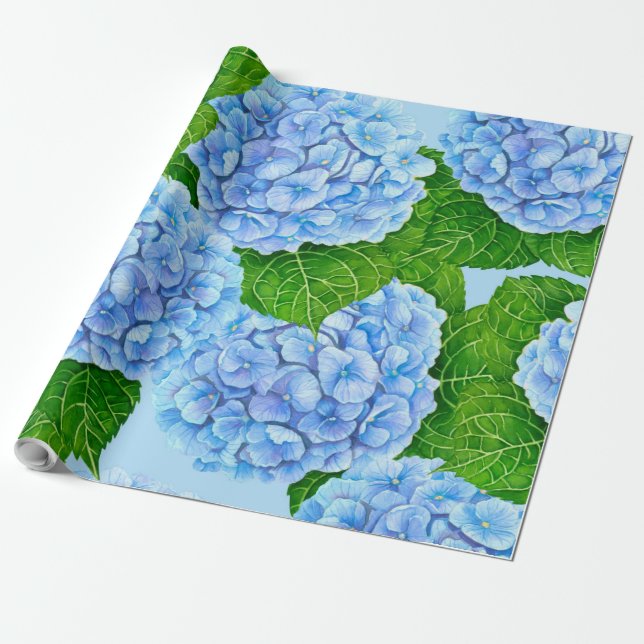 Blaues Hydrangea-Wasserfarbenmuster Geschenkpapier (Ungerollt)