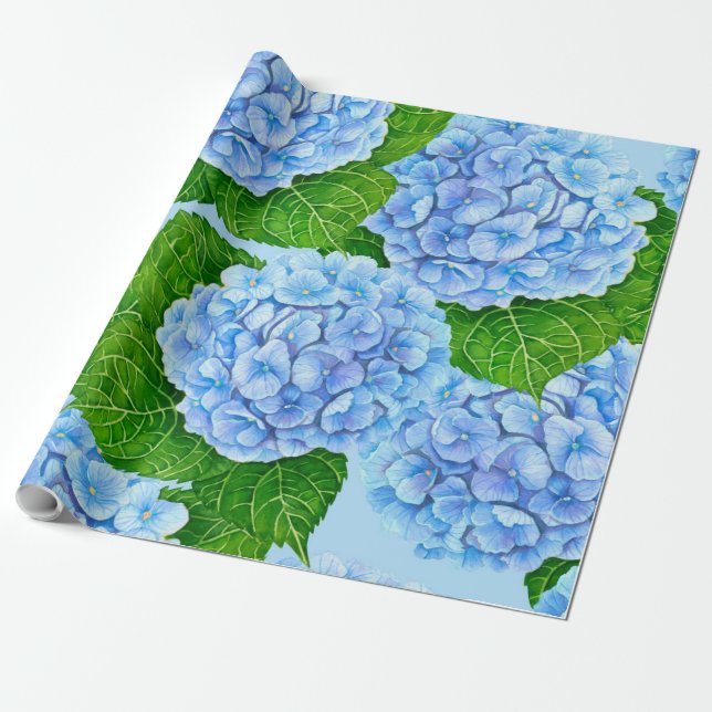 Blaues Hydrangea-Wasserfarbenmuster Geschenkpapier (Ungerollt)
