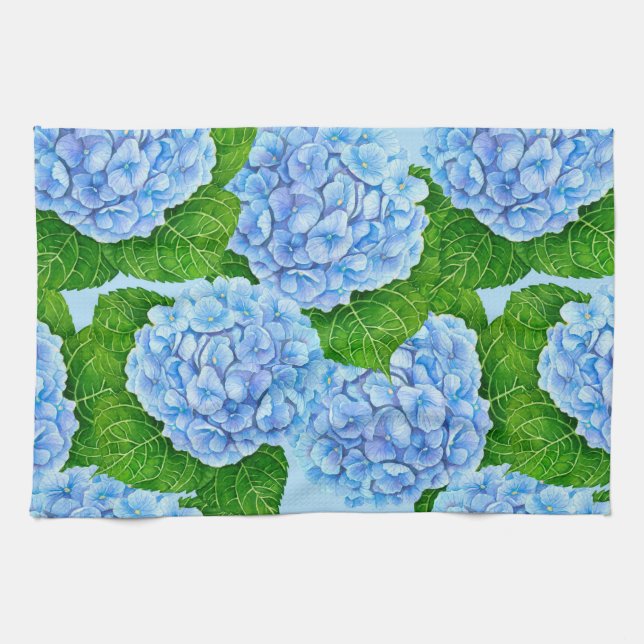 Blaues Hydrangea-Wasserfarbenmuster Geschirrtuch (Horizontal)