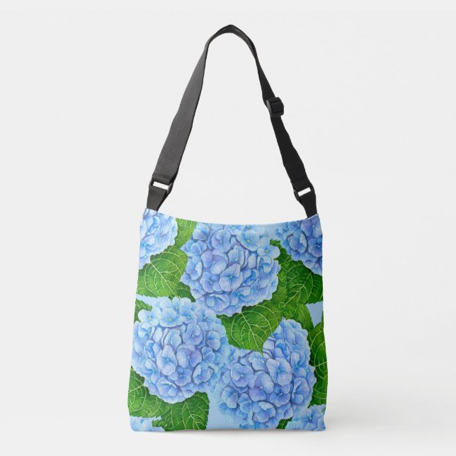 Blaues Hydrangea-Wasserfarbenmuster Tragetaschen Mit Langen Trägern (Vorderseite)