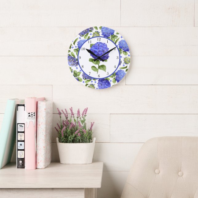Blaues Hydrangeas Botanische Art Floral Große Wanduhr (Lesesaal)