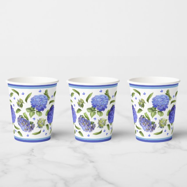 Blaues Hydrangeas Botanisches Kunstmuster Pappbecher (Multi)