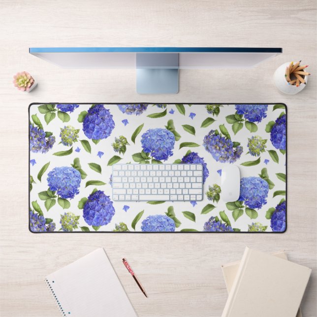 Blaues Hydrangeas florales botanisches Kunstmuster Schreibtischunterlage (Büro 1)