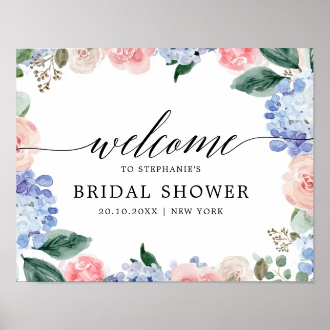 Blaues Hydrangeas Pastellrosa Brautparty Poster (Vorne)
