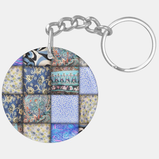 Blaues Imitat-Patchwork-Quiltmuster Schlüsselanhänger (Rückseite rechts)