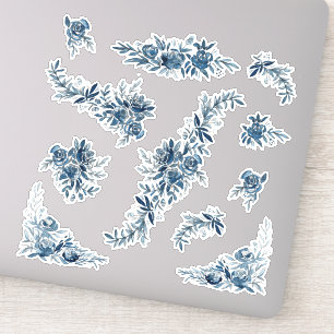 Blaues Indigo-Aquarell Blumenlineart Hochzeit Aufkleber