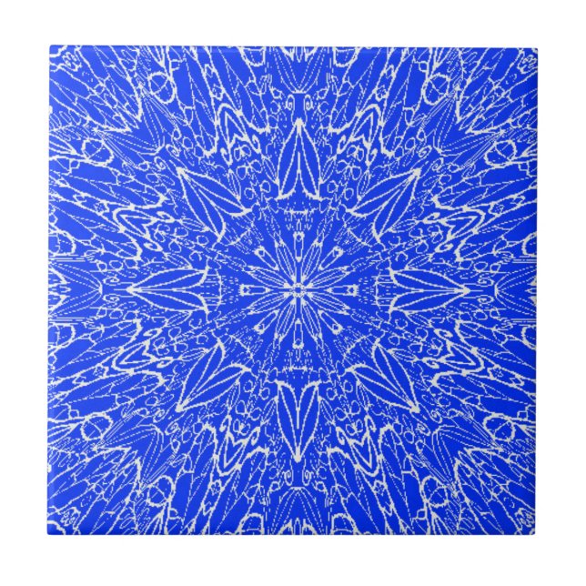 Blaues Indigorad mit weißem geometrischem Sternrad Fliese (Vorderseite)