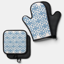 Blaues Isan-Ikat-Stoffmuster Ofenhandschuh & Topflappen-Set