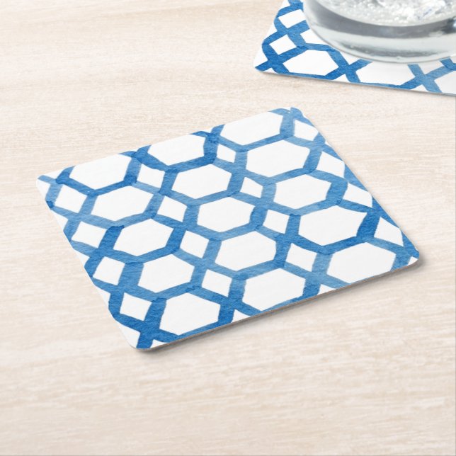 Blaues Japanisches Shibori-Polygon-Aquarellmuster Rechteckiger Pappuntersetzer (angewinkelt)
