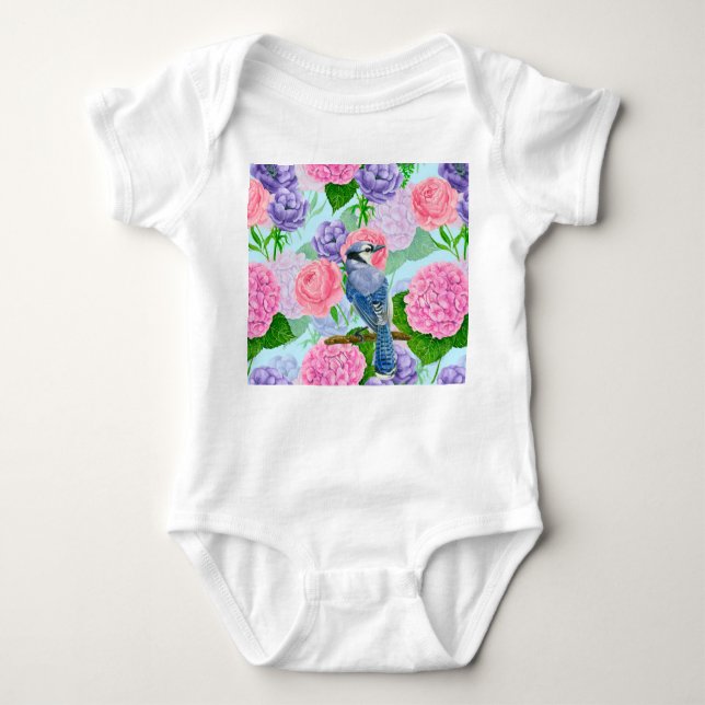 Blaues Jay- und Blume-Aquarellmuster Baby Strampler (Vorderseite)