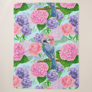 Blaues Jay- und Blume-Aquarellmuster Sherpadecke
