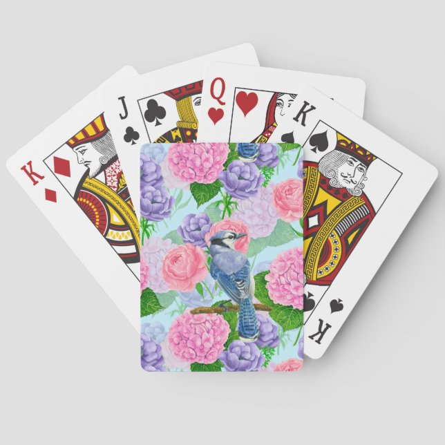 Blaues Jay- und Blume-Aquarellmuster Spielkarten (Rückseite)