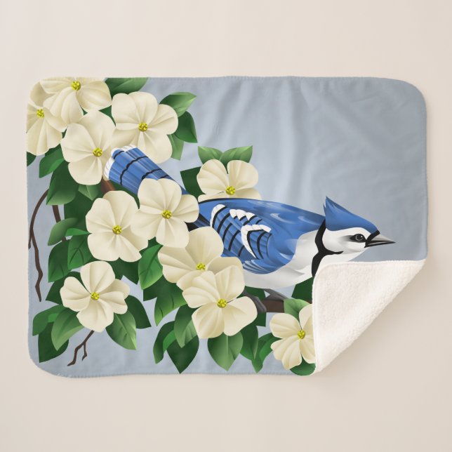 Blaues Jay unter Hartriegel-Blumen Sherpadecke (Vorderseite (Horizontal))