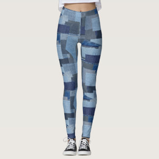 Blaues Jean Patchwork-Denim Shibori Boro Boro Leggings