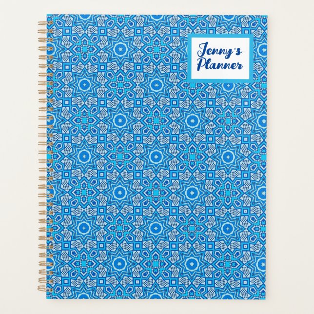Blaues Kaleidoskop Muster Boho Namensplaner Planer (Vorderseite)