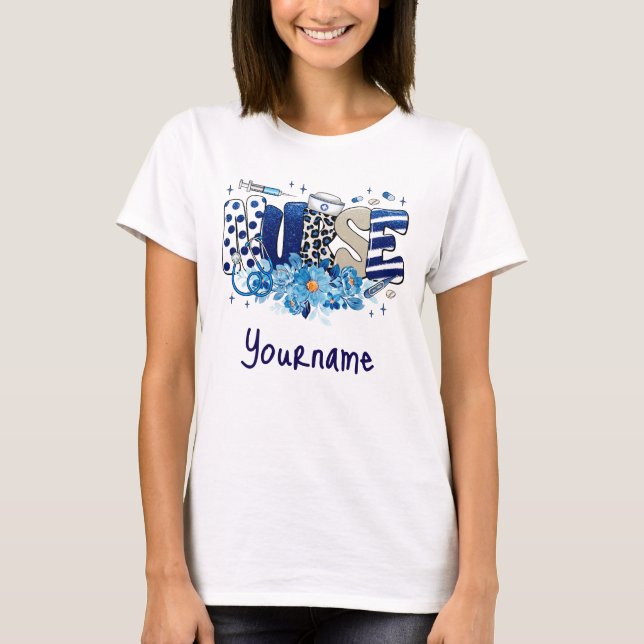 Blaues, kaltblütiges, glänzendes Tiermuster, Blume T-Shirt (Vorderseite)