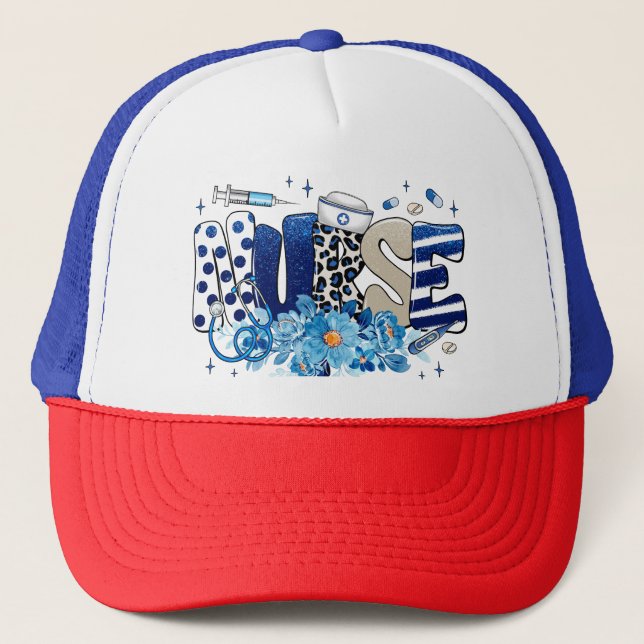 Blaues, kaltblütiges, glänzendes Tiermuster, Blume Truckerkappe (Vorderseite)