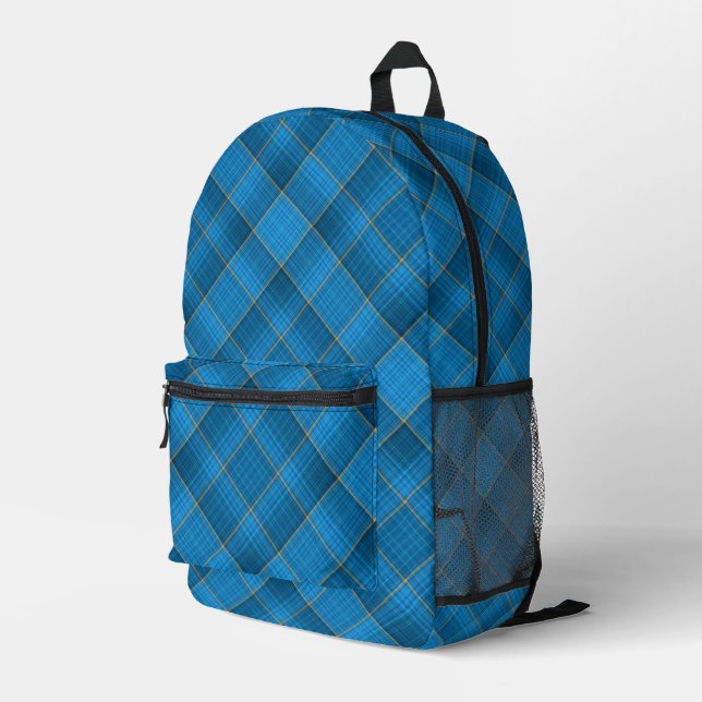Blaues Kariertes Muster Bedruckter Rucksack (Rückseitige Ecke Rechts)