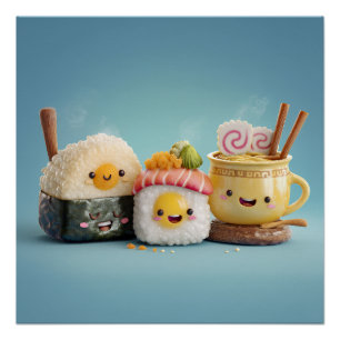 Blaues Kawaii Sushi Trio Poster