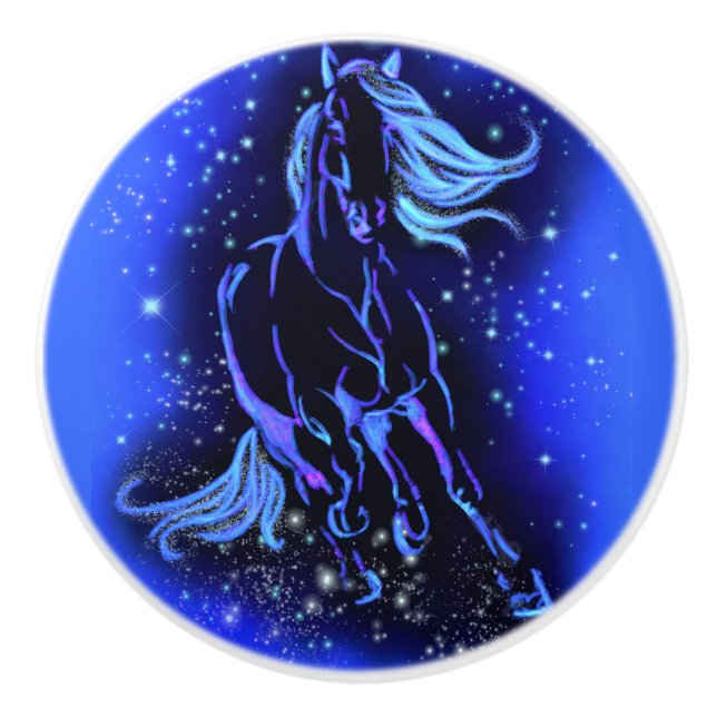 Blaues Keramik-Knob-Pferd läuft in der Starry-Nigh Keramikknauf (Vorderseite)