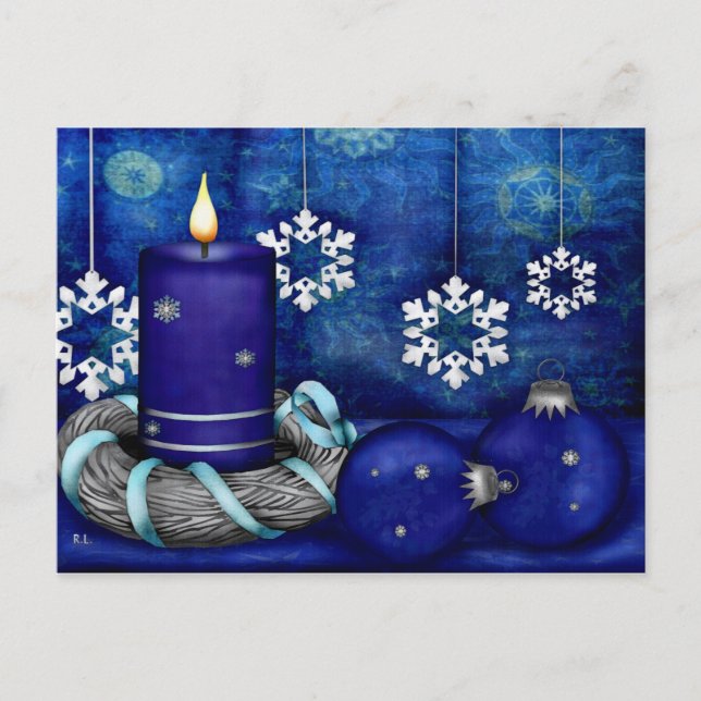 Blaues Kerzen-Weihnachten Feiertagspostkarte (Vorderseite)